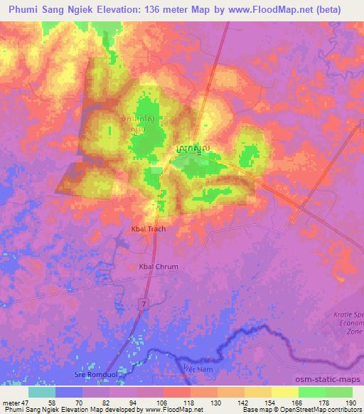 Phumi Sang Ngiek,Cambodia Elevation Map
