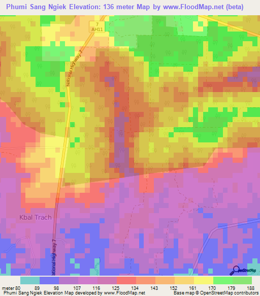 Phumi Sang Ngiek,Cambodia Elevation Map