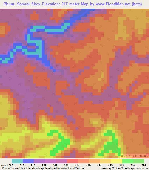 Phumi Samrai Sbov,Cambodia Elevation Map