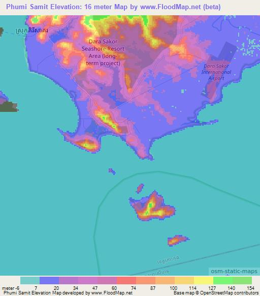 Phumi Samit,Cambodia Elevation Map