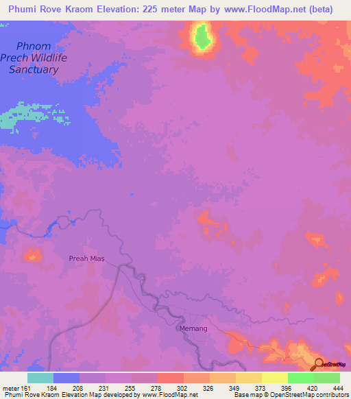 Phumi Rove Kraom,Cambodia Elevation Map