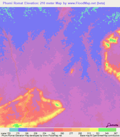 Phumi Romat,Cambodia Elevation Map