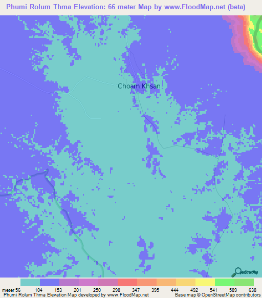 Phumi Rolum Thma,Cambodia Elevation Map