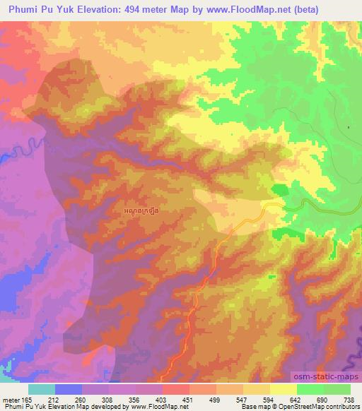 Phumi Pu Yuk,Cambodia Elevation Map