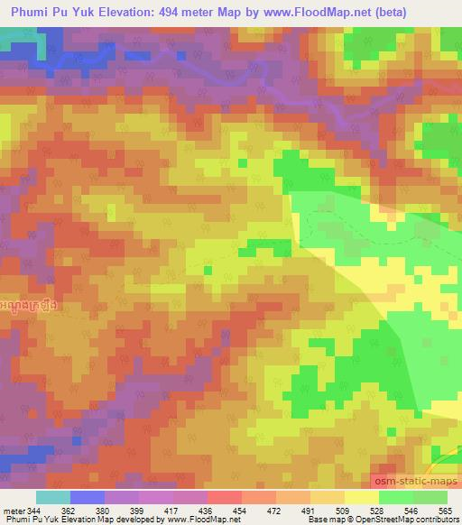 Phumi Pu Yuk,Cambodia Elevation Map
