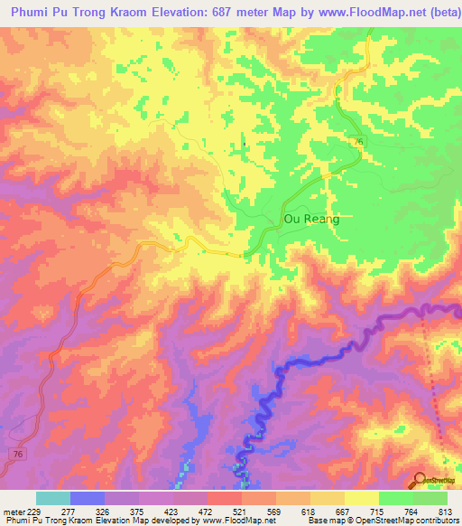 Phumi Pu Trong Kraom,Cambodia Elevation Map