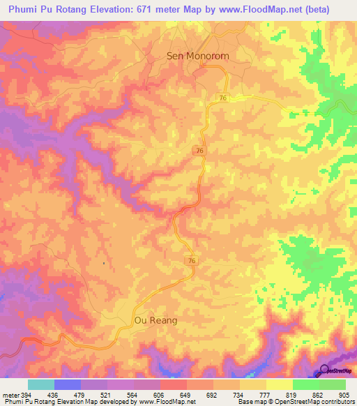 Phumi Pu Rotang,Cambodia Elevation Map