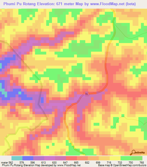 Phumi Pu Rotang,Cambodia Elevation Map