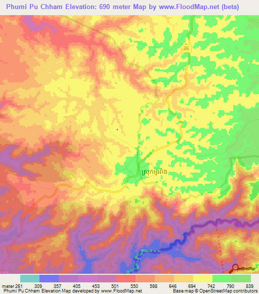 Phumi Pu Chham,Cambodia Elevation Map