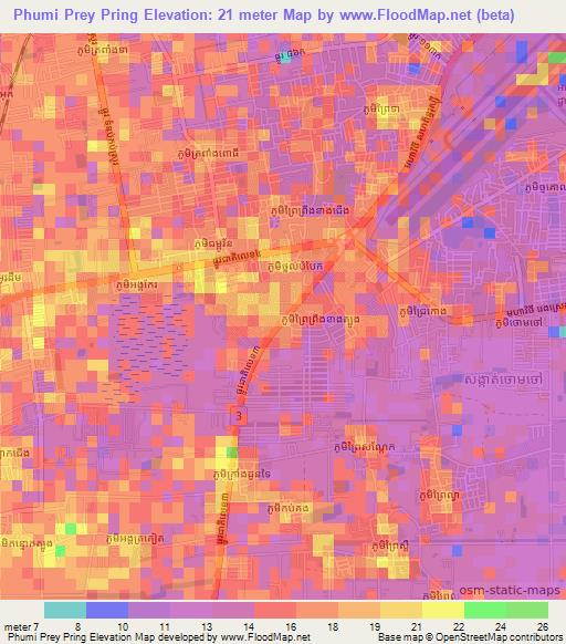 Phumi Prey Pring,Cambodia Elevation Map