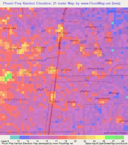 Phumi Prey Kambot,Cambodia Elevation Map