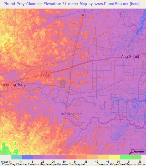 Phumi Prey Chamkar,Cambodia Elevation Map