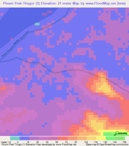 Phumi Prek Thngor (1),Cambodia Elevation Map
