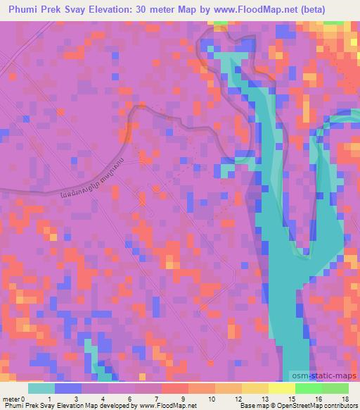 Phumi Prek Svay,Cambodia Elevation Map