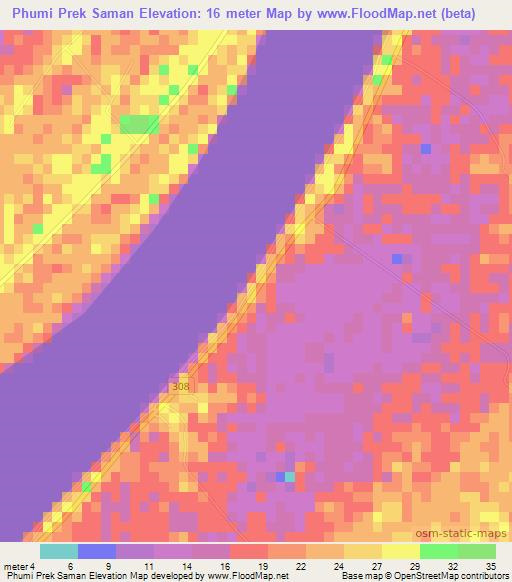 Phumi Prek Saman,Cambodia Elevation Map