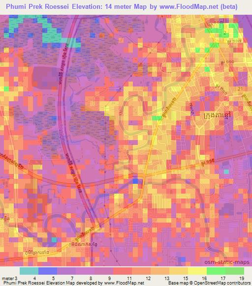 Phumi Prek Roessei,Cambodia Elevation Map