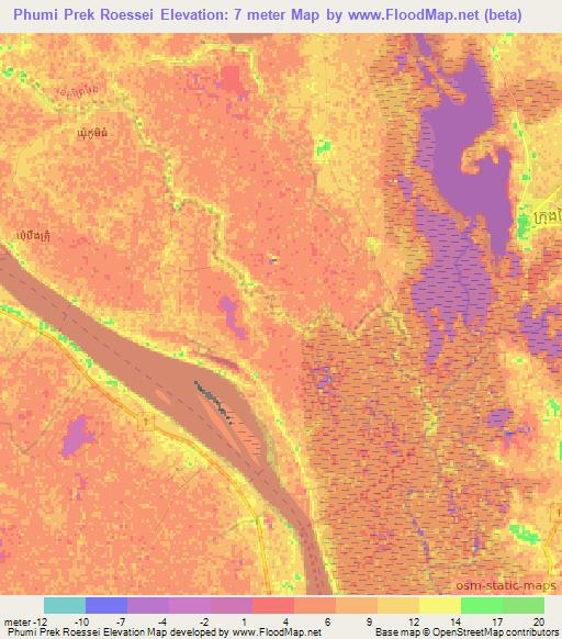 Phumi Prek Roessei,Cambodia Elevation Map