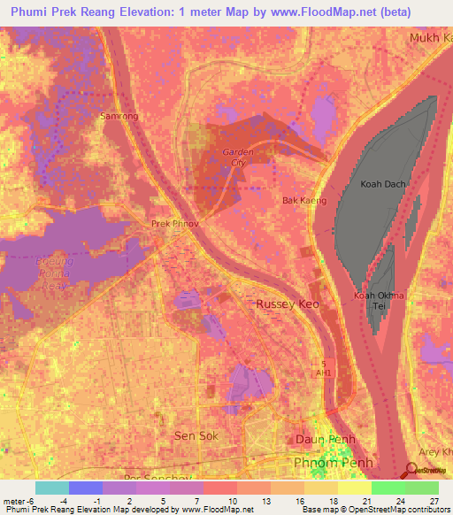 Phumi Prek Reang,Cambodia Elevation Map