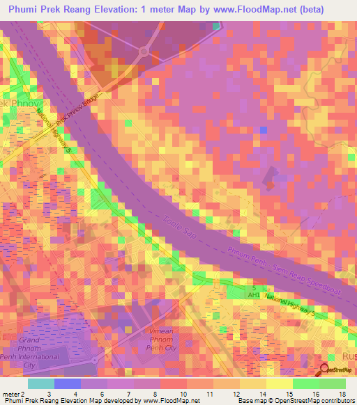 Phumi Prek Reang,Cambodia Elevation Map