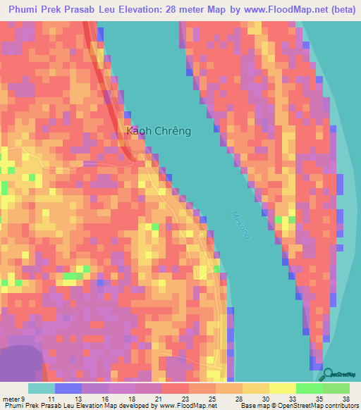 Phumi Prek Prasab Leu,Cambodia Elevation Map