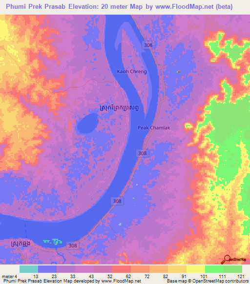 Phumi Prek Prasab,Cambodia Elevation Map
