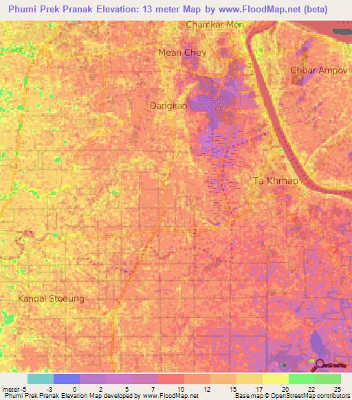 Phumi Prek Pranak,Cambodia Elevation Map
