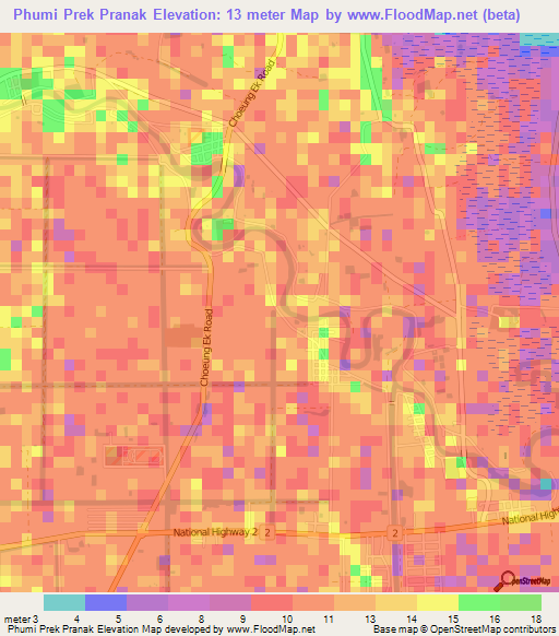 Phumi Prek Pranak,Cambodia Elevation Map