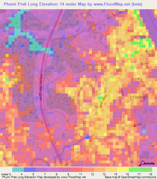 Phumi Prek Long,Cambodia Elevation Map
