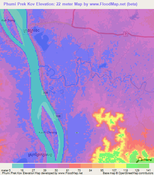 Phumi Prek Kov,Cambodia Elevation Map