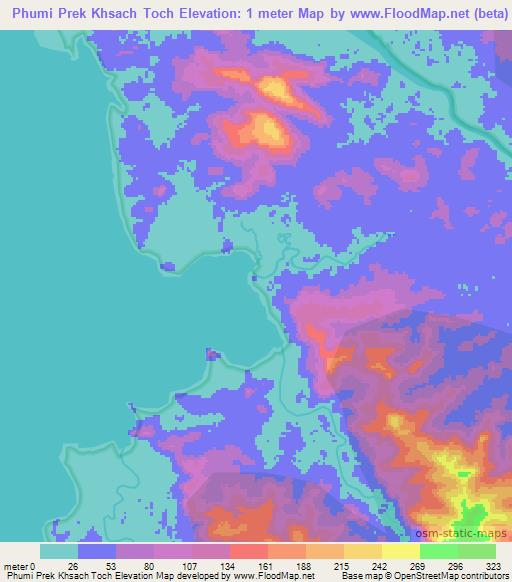 Phumi Prek Khsach Toch,Cambodia Elevation Map