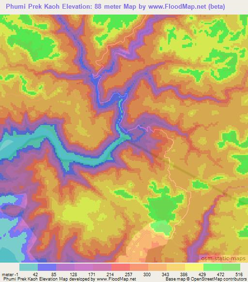 Phumi Prek Kaoh,Cambodia Elevation Map
