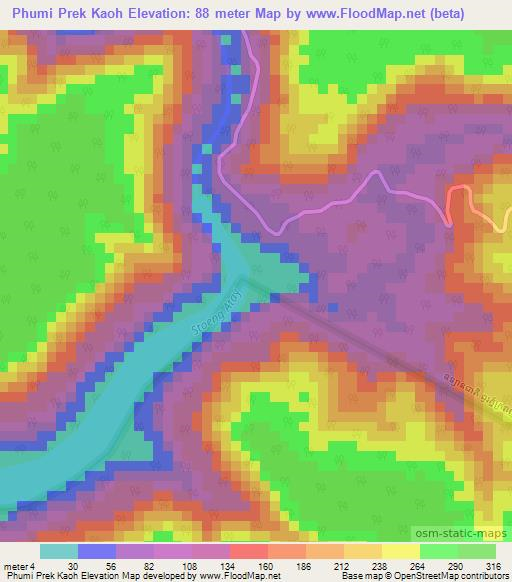 Phumi Prek Kaoh,Cambodia Elevation Map