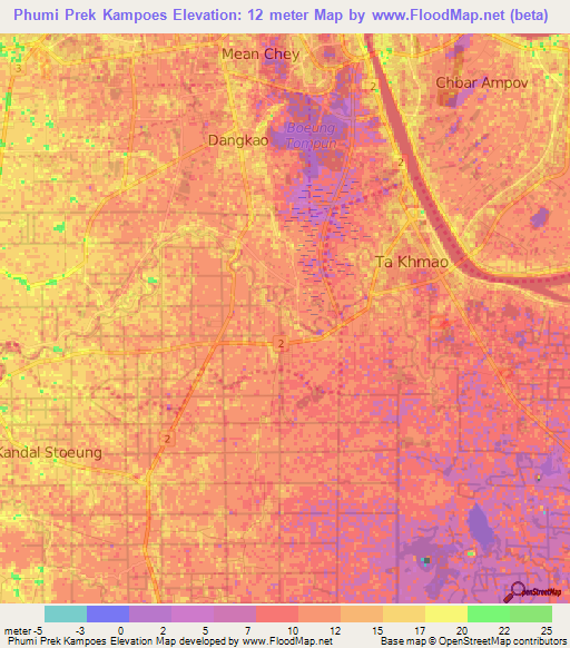 Phumi Prek Kampoes,Cambodia Elevation Map
