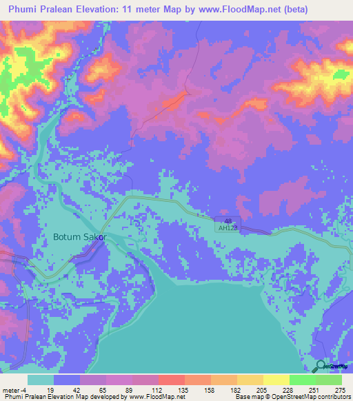 Phumi Pralean,Cambodia Elevation Map