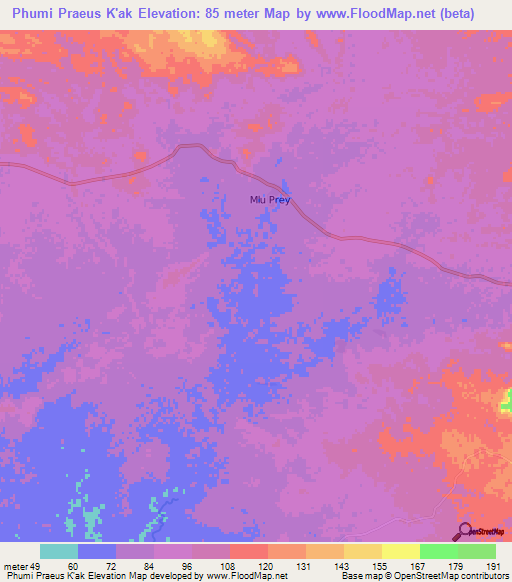 Phumi Praeus K'ak,Cambodia Elevation Map