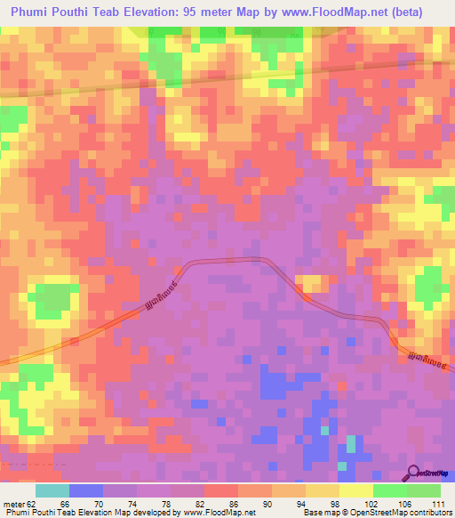 Phumi Pouthi Teab,Cambodia Elevation Map