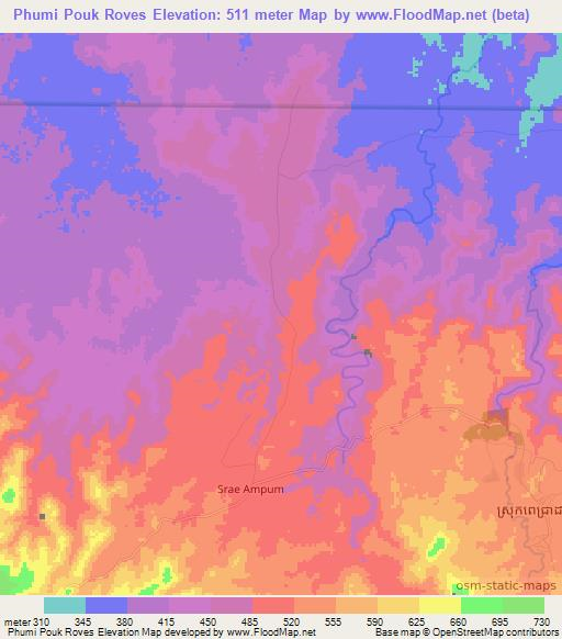 Phumi Pouk Roves,Cambodia Elevation Map