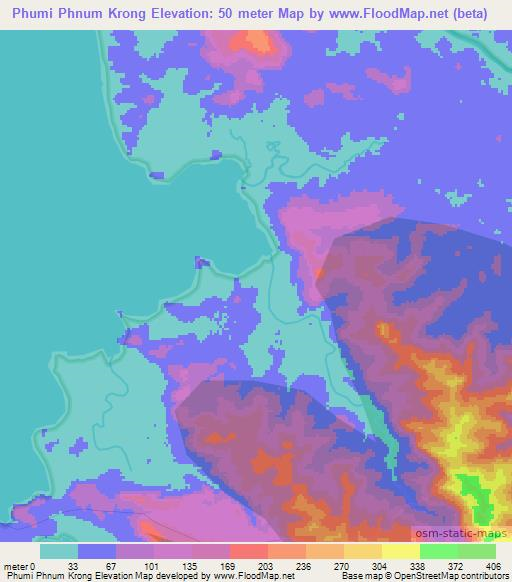 Phumi Phnum Krong,Cambodia Elevation Map