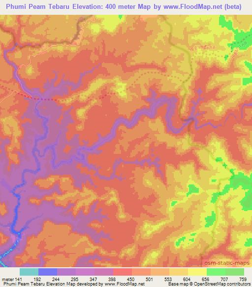 Phumi Peam Tebaru,Cambodia Elevation Map