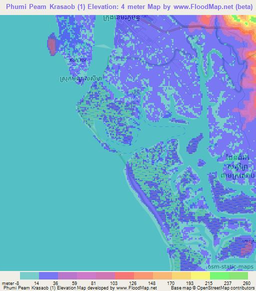 Phumi Peam Krasaob (1),Cambodia Elevation Map