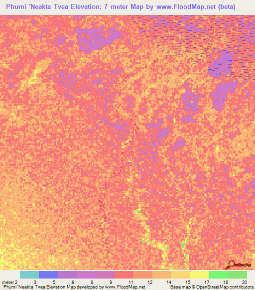 Phumi 'Neakta Tvea,Cambodia Elevation Map