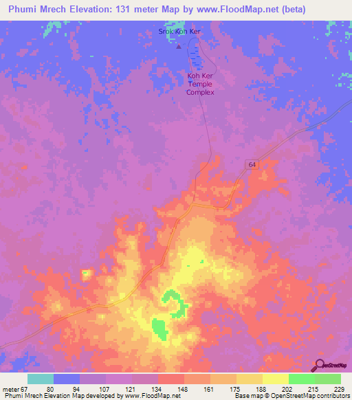 Phumi Mrech,Cambodia Elevation Map