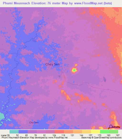 Phumi Meunreach,Cambodia Elevation Map