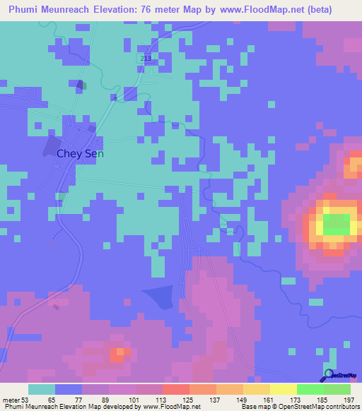 Phumi Meunreach,Cambodia Elevation Map