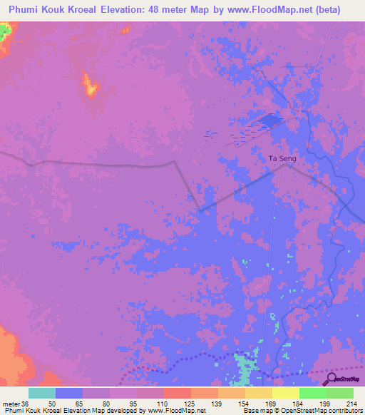 Phumi Kouk Kroeal,Cambodia Elevation Map
