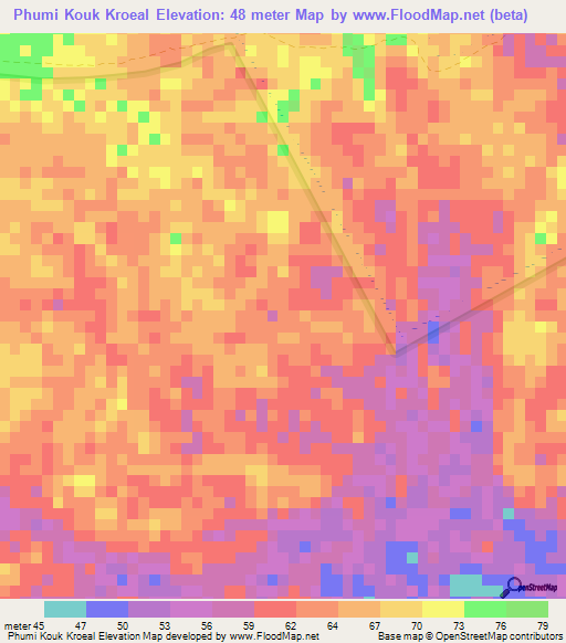 Phumi Kouk Kroeal,Cambodia Elevation Map