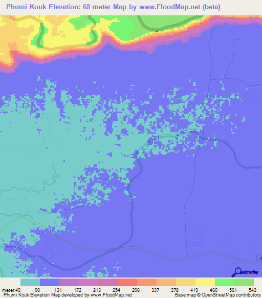 Phumi Kouk,Cambodia Elevation Map
