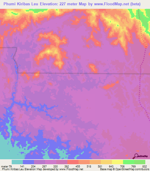 Phumi Kiribas Leu,Cambodia Elevation Map