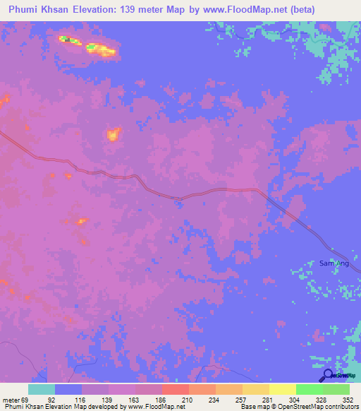 Phumi Khsan,Cambodia Elevation Map