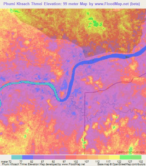 Phumi Khsach Thmei,Cambodia Elevation Map